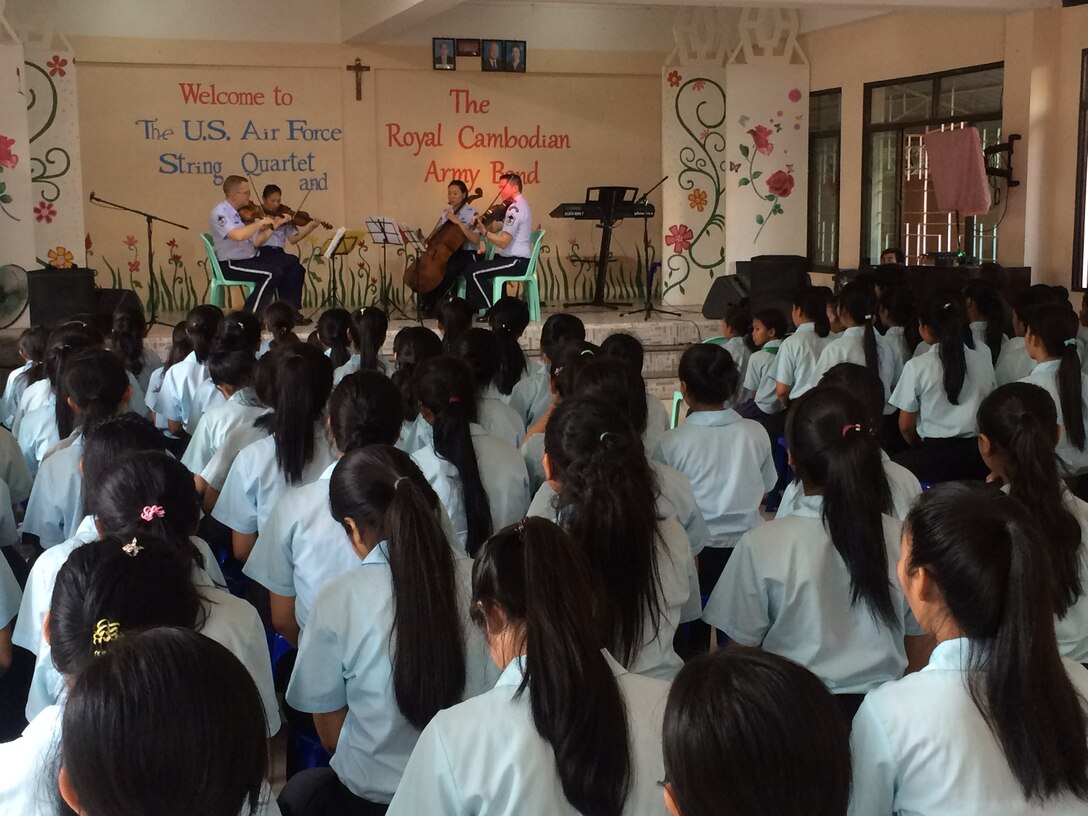 The USAF Strings perform for students at the Don Bosco Technical School in Phnom Penh.  (U.S. Air Force Photo/SSgt Benjamin Landon)
