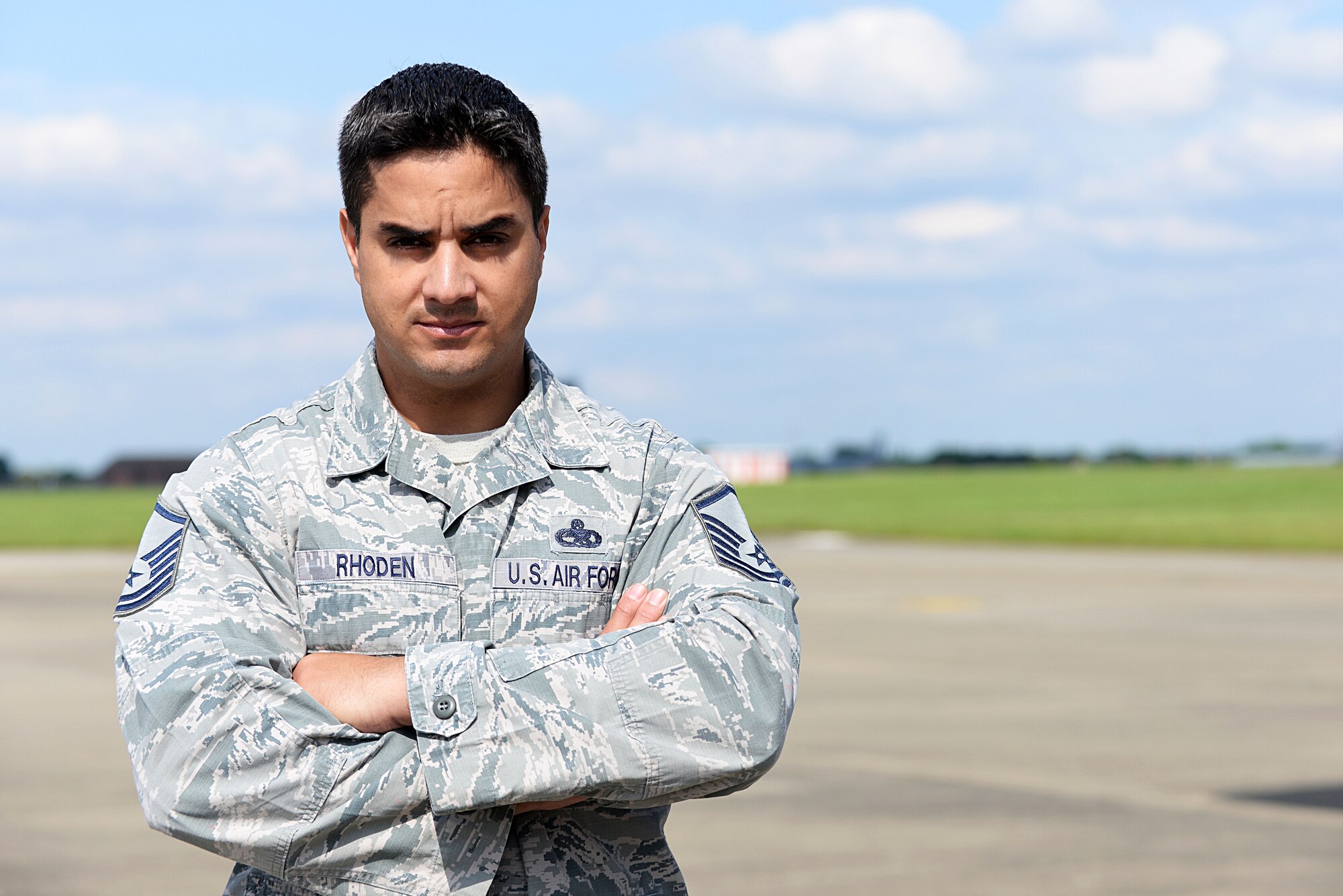 U.S. Air Force Master Sgt. Nathan Rhoden, 352nd Special Operations Aircraft Maintenance Squadron superintendent, poses for a photograph May 27, 2016, on RAF Mildenhall, England. Rhoden responded to a Microlight aircraft crash that he witnessed while performing maintenance on his private aircraft. (U.S. Air Force photo by Airman 1st Class Tenley Long/Released)