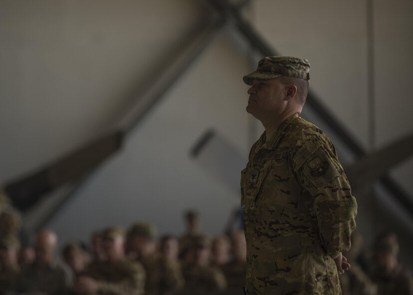 Col. Patrick Schlichenmeyer, 455th Air Expeditionary Wing vice commander, stands at parade rest during a change of command ceremony at Bagram Airfield, Afghanistan, June 03, 2016. The change of command ceremony is a military tradition that represents a formal transfer of authority and responsibility for a unit from one commanding officer to another. (U.S. Air Force photo by Senior Airman Justyn M. Freeman)
