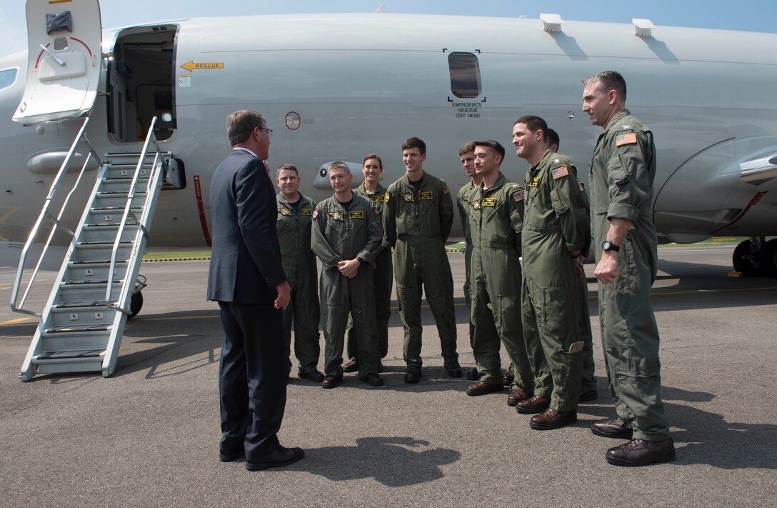 Defense Secretary Ash Carter talks to the crew of a P-8 after a flight over Singapore and the Strait of Malacca, June 3, 2016. DoD photo by Navy Petty Officer 1st Class Tim D. Godbee