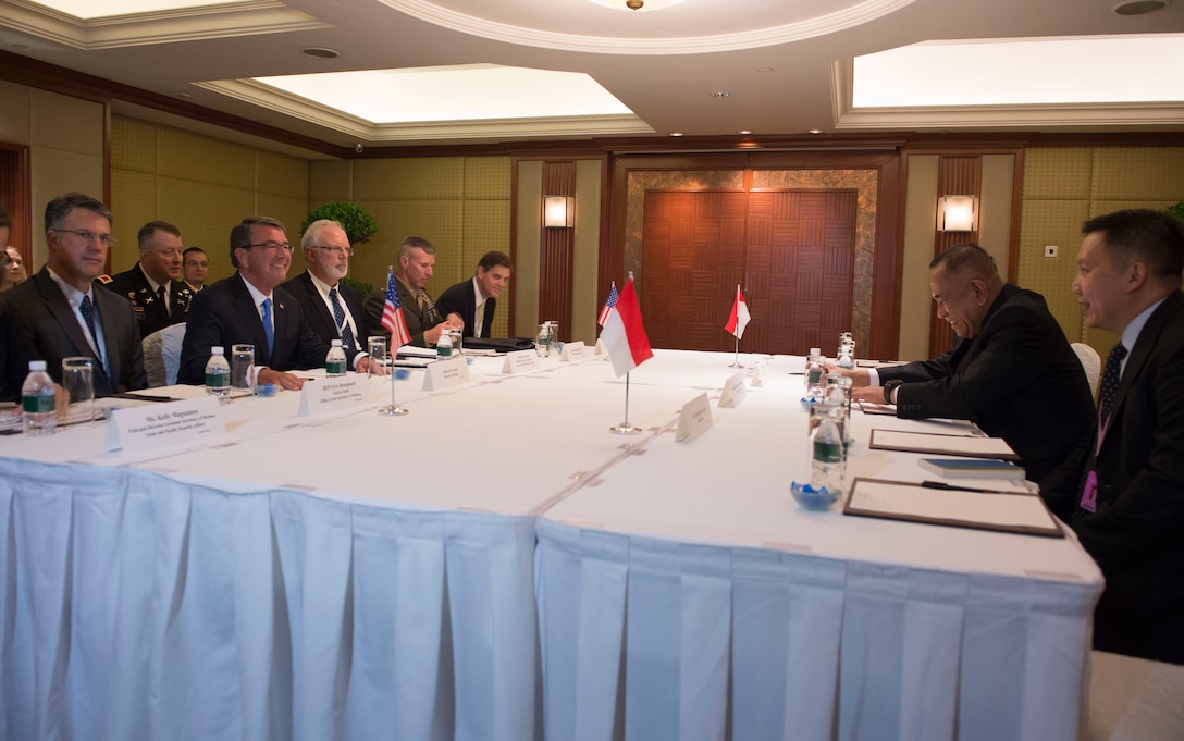 Defense Secretary Ash Carter holds a bilateral meeting with Indonesian Defense Minister Ryamizard Ryacudu in Singapore, June 3, 2016. Carter is in Singapore attending the 15th International Institute for Strategic Studies Asia Security Summit. DoD photo by Navy Petty Officer 1st Class Tim D. Godbee