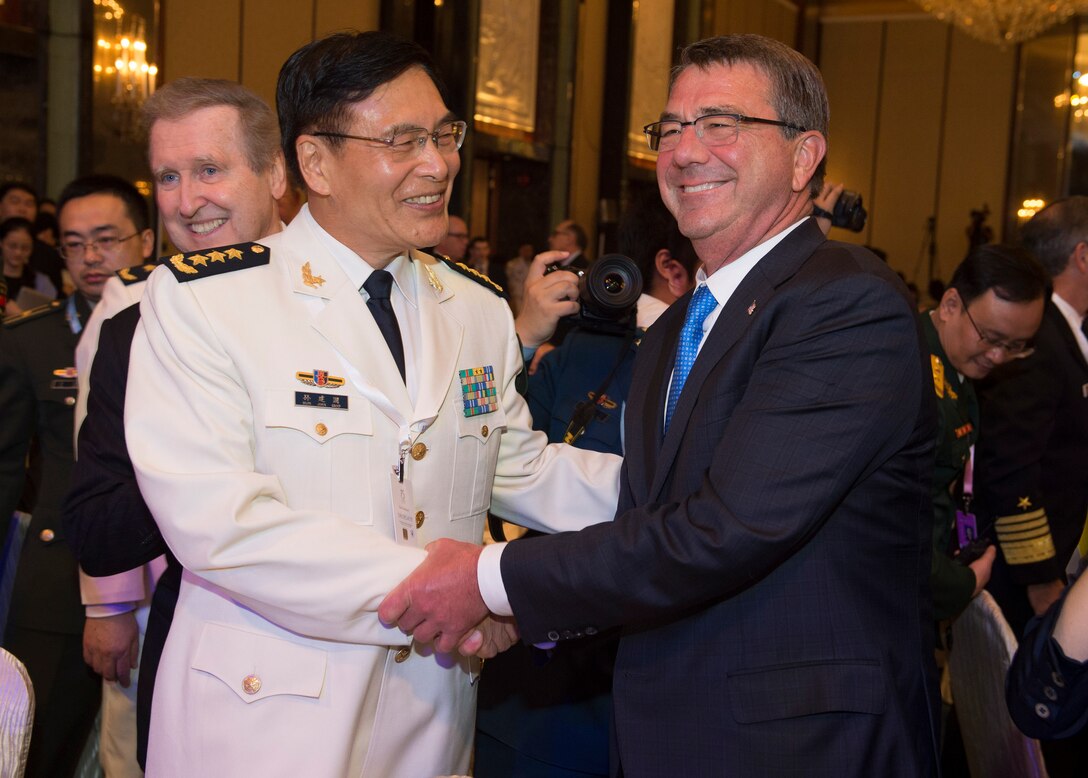 Defense Secretary Ash Carter greets Adm. Sun Jianguo, Chinese Army deputy chief of general staff, in Singapore, June 3, 2016. DoD photo by Navy Petty Officer 1st Class Tim D. Godbee