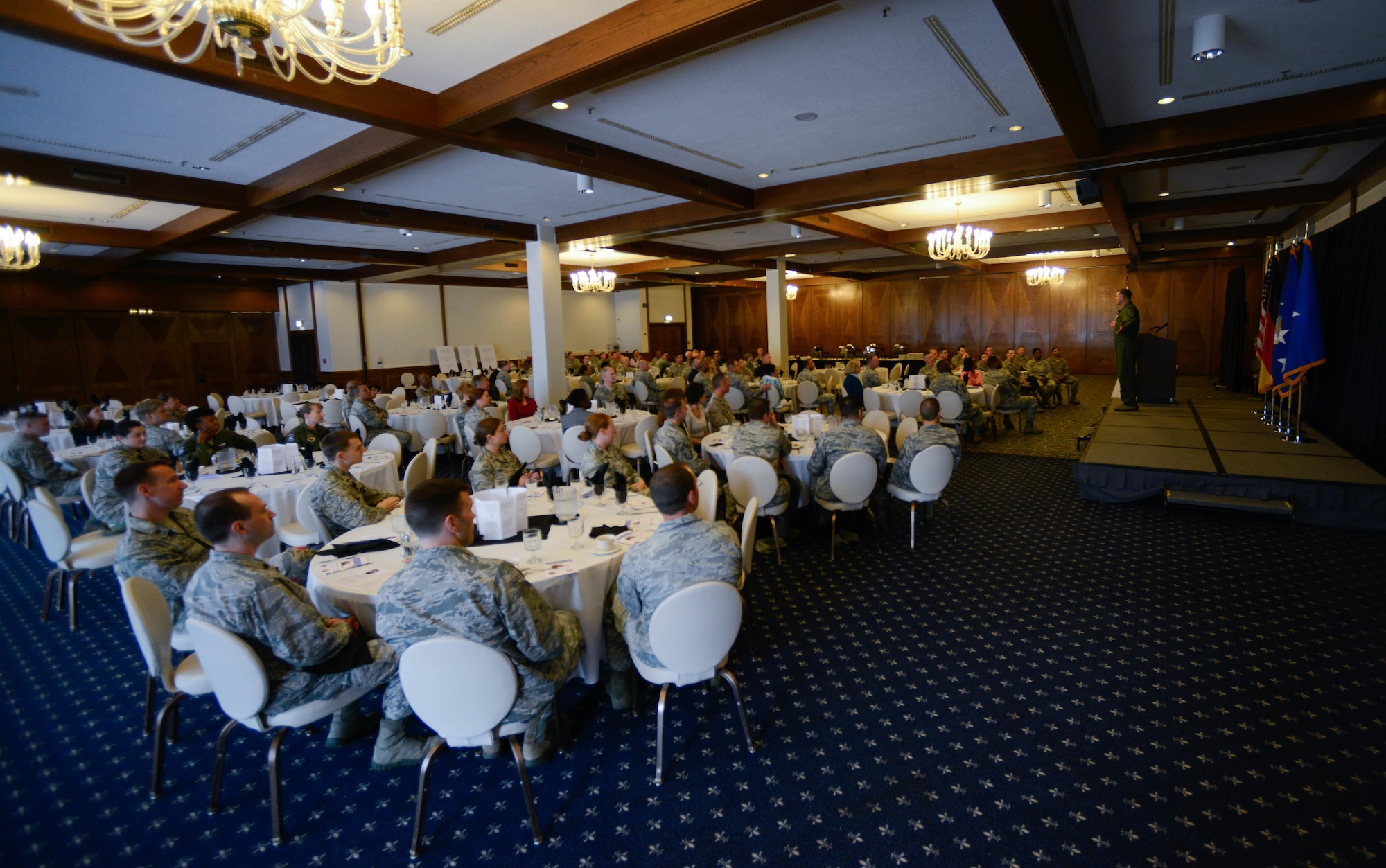 Kaiserslautern Military Community members gather at the Ramstein Officers Club for the 2016 National Prayer Service Breakfast May 31, 2016, Ramstein Air Base, Germany.  The theme of the event was the “international day of prayer,” and drew from its historical roots that date back to 1953, when members of the Senate and House recognized the importance of the spiritual foundation upon which the nation was built. (U.S. Air Force photo/Senior Airman Nicole Keim) 