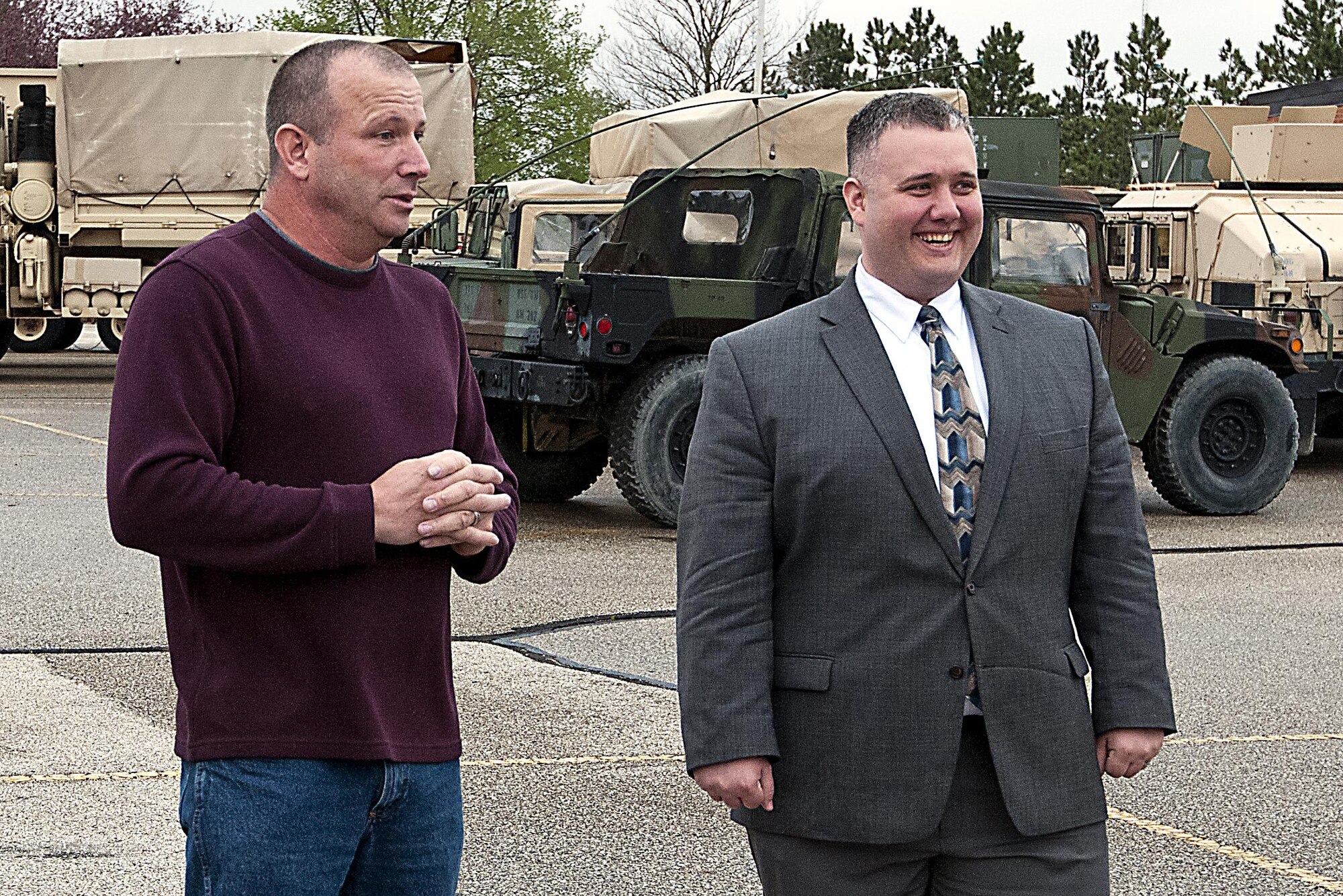 Mark Hutchens, 316th Psychological Operations Company, speaks with Jon Kenworthy, legislative correspondent for Sen. Dan Coats, about the 316th Psyop. Co. April 28, 2016 at Grissom Air Reserve Base, Ind. Kenworthy is a former soldier which gives him a better understanding of the difficulties faced by the armed forces. (U.S. Air Force photo/Senior Airman Dakota Bergl)