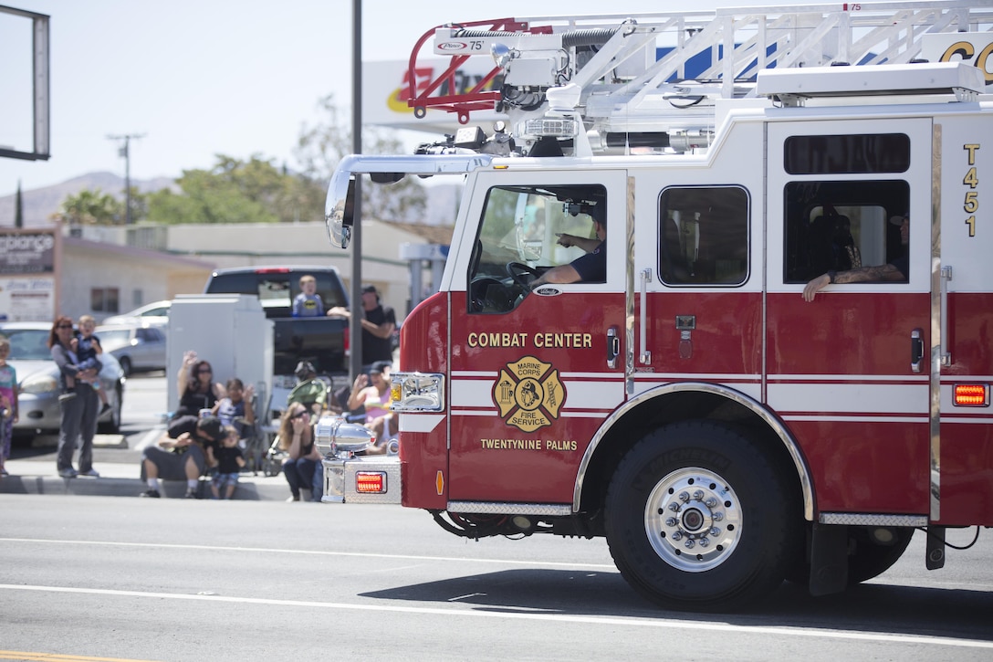 The Combat Center Fire Department sounds it’s siren for parade spectators during the annual Grubstake Days Parade in Yucca Valley, Calif., May 28, 2016. The parade was held as part of Yucca Valley’s Annual Grubstake Days, a festival held to embrace the mining heritage of the Yucca Valley community. (Official Marine Corps photo by Cpl. Medina Ayala-Lo/Released)
