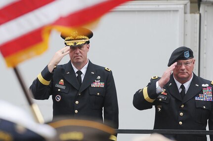 US Army Reserve Brig. Gen. Frederick R. Maiocco Jr., left, Commanding General, 85th Support Command, and Illinois National Guard Brig. Gen. Michael Zerbonia render a salute as the Joint Services Color Guard pass by the reviewing stand during Chicago's Memorial Day Parade in Downtown Chicago, May 28, 2016.
(Photo by Sgt. Aaron Berogan)