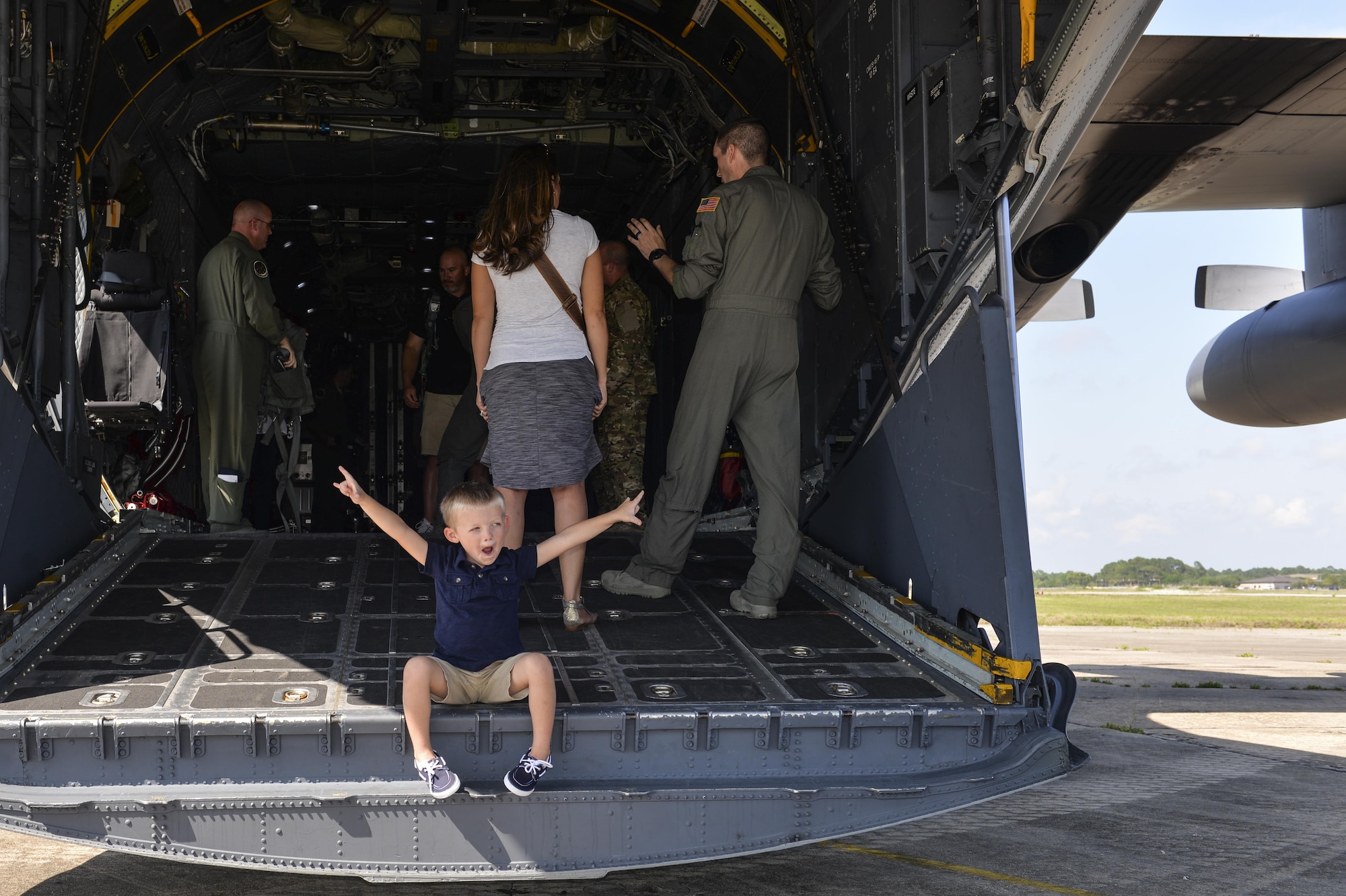 Four-year-old Carson Lester poses for a picture on the ramp of an MC-130H Combat Talon II during his visit to the 15th Special Operations Squadron, Hurlburt Field, Fla., May 26, 2016. Lester is the star of a photograph taken during a family-photo session that was ‘photobombed’ by a Talon II and was invited to the 15th SOS to get an up-close look at the aircraft.