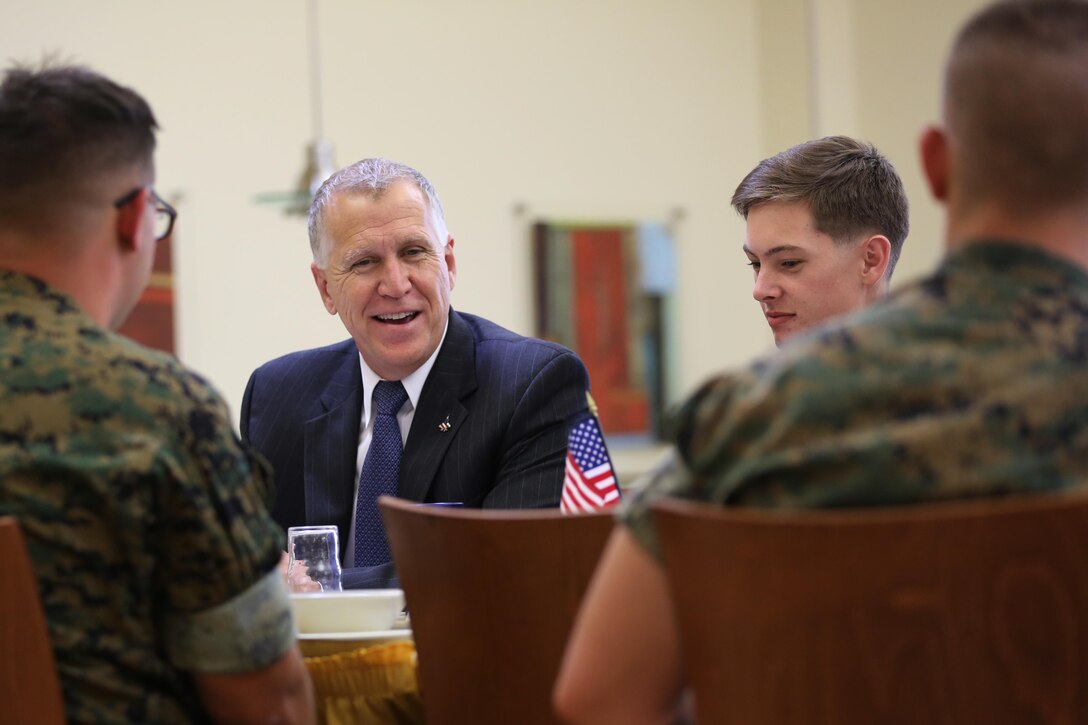 Sen. Thom Tillis speaks to Marines during a visit at Marine Corps Air Station Cherry Point, N.C., June 1, 2016. Tillis visited the air station to address the needs and priorities of the base, and assess the Marine Corps’ presence in North Carolina. Tillis also toured Fleet Readiness Center East. Tillis is a North Carolina senator. (U.S. Marine Corps photo by Lance Cpl. Mackenzie Gibson/Released)