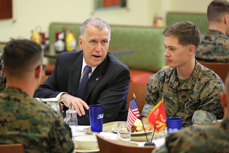Sen. Thom Tillis shares a meal with Marines at the mess hall during a visit at Marine Corps Air Station Cherry Point, N.C., June 1, 2016. Tillis visited the air station to address the needs and priorities of the base, and assess the Marine Corps’ presence in North Carolina. Tillis also toured Fleet Readiness Center East. Tillis is a North Carolina senator. (U.S. Marine Corps photo by Lance Cpl. Mackenzie Gibson/Released)