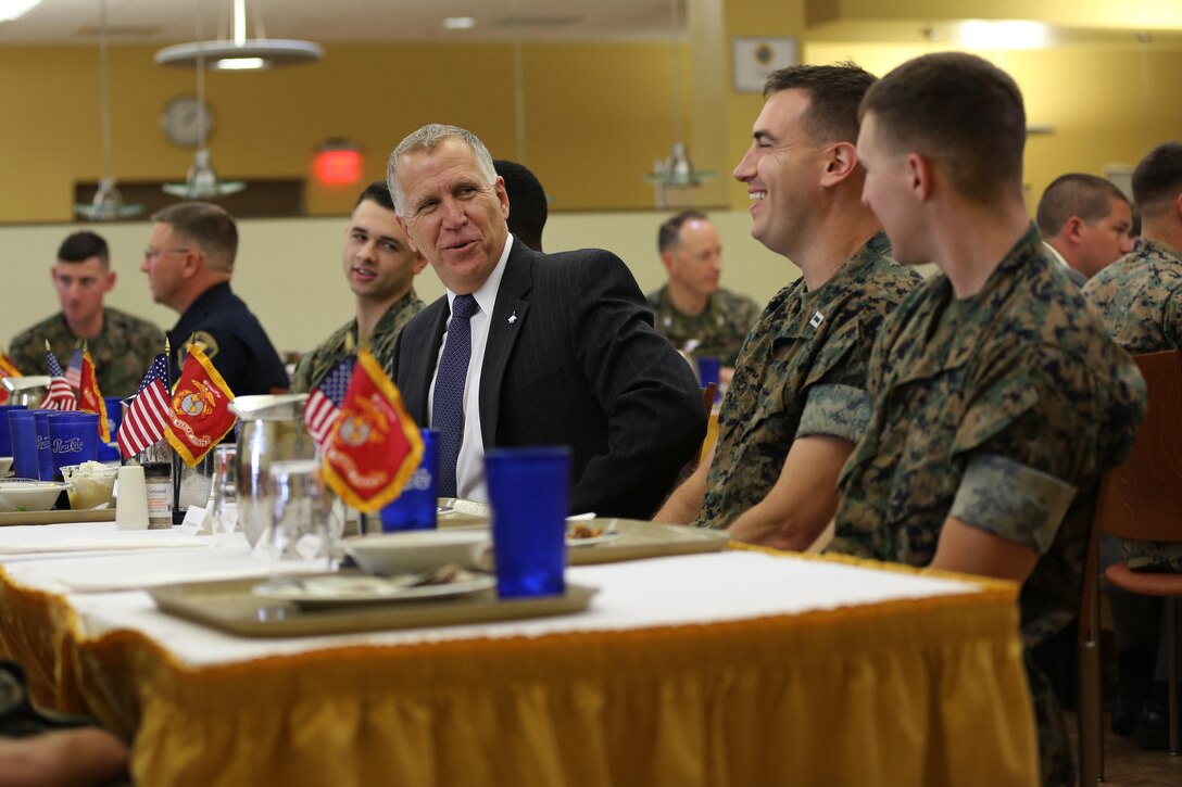 Sen. Thom Tillis shares a meal with Marines at the mess hall during a visit at MCAS Cherry Point, N.C., June 1, 2016. Tillis visited the air station to address the needs and priorities of the base, and assess the Marine Corps’ presence in North Carolina. Tillis also toured Fleet Readiness Center East. Tillis is a North Carolina senator. (U.S. Marine Corps photo by Lance Cpl. Mackenzie Gibson/Released)