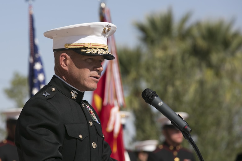 Maj. Gen. Lewis A. Craparotta, Combat Center Commanding General, addresses ceremony attendees during the Memorial Day Ceremony at the 29 Palms Cemetery in Twentynine Palms, Calif., May 30, 2016. Craparotta represented the Combat Center as the guest speaker for the ceremony and spoke about the importance of remembering the ultimate sacrifice many American service members have paid. (Official Marine Corps photo by Cpl. Thomas Mudd/Released)