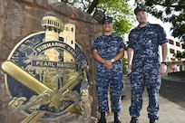 160518-N-LY160-032
JOINT BASE PEARL HARBOR-HICKAM, Hawaii (May 18, 2016) – Hospital Corpsman 3rd Class Michael D. Vance, left, and Hospital Corpsman 2nd Class Seth Sweger, right, behavioral health technicians, pose next to the Submarine Base Pearl Harbor crest at Joint Base Pearl Harbor-Hickam. (U.S. Navy photo by Mass Communication Specialist 2nd Class Michael H. Lee)