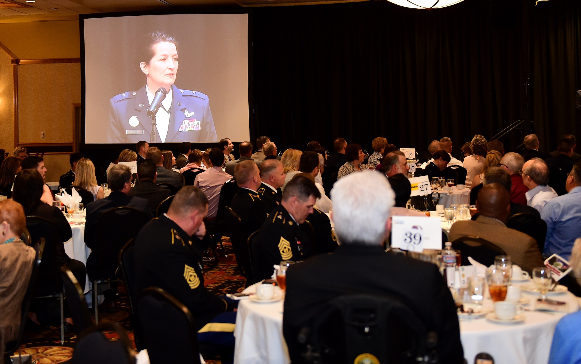 Brig. Gen. Nina Amagno, Director of Strategic Plans, Programs, Requirements and Analysis, Headquarters, Air Force Space Command, speaks May 13, 2016, during the Armed Forces Recognition Luncheon at the Doubletree Stapleton Hotel in Denver. The luncheon honored the outstanding Service members of Aurora, Denver, and Northern Colorado.. (U.S. Air Force photo by Airman 1st Class Gabrielle Spradling/Released)