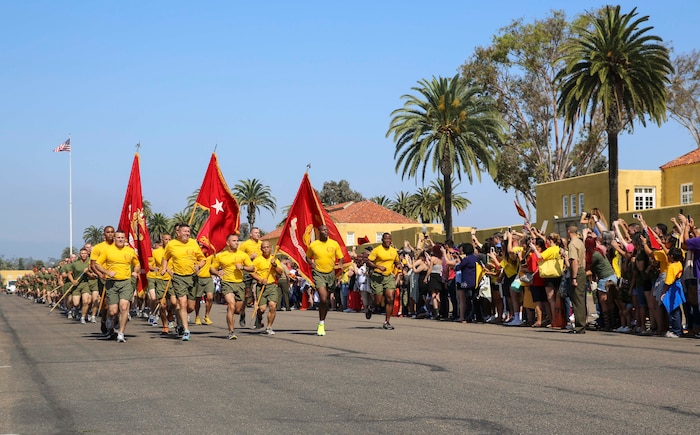 Brigadier Gen. James W. Bierman, commanding general, Marine Corps Recruit Depot San Diego/Western Recruiting Region, leads Marines of Fox Company, 2nd Recruit Training Battalion, on their motivational run at Marine Corps Recruit Depot San Diego, June 2. The run signifies the last training event on the training schedule. Annually, more than 17,000 males recruited from the Western Recruiting Region are trained at MCRD San Diego. Fox Company is scheduled to graduate June 3.