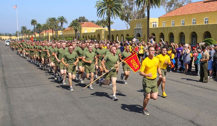 Marines of Fox Company, 2nd Recruit Training Battalion, run in formation during their motivation run at Marine Corps Recruit Depot San Diego, June 2. After the Marines graduate recruit training, they receive 10 days of leave before reporting to the School of Infantry at Marine Corps Base Camp Pendleton, Calif., for Marine Combat Training. Annually, more than 17,000 males recruited from the Western Recruiting Region are trained at MCRD San Diego. Fox Company is scheduled to graduate June 3.