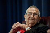 Retired United States Marine Corps Col. Dean Caswell, 2016 Gathering of Eagles honoree, shares his experiences as a fighter pilot during WWII, the Korean War and the Vietnam War, during the Air Command and Staff College’s 2016 Gathering of Eagles Event, May 31, 2016, Maxwell Air Force Base, Ala. Caswell is famous for surviving over 100 combat missions and never receiving damage from enemy fire. (U.S. Air Force photo/ Melanie Rodgers Cox)