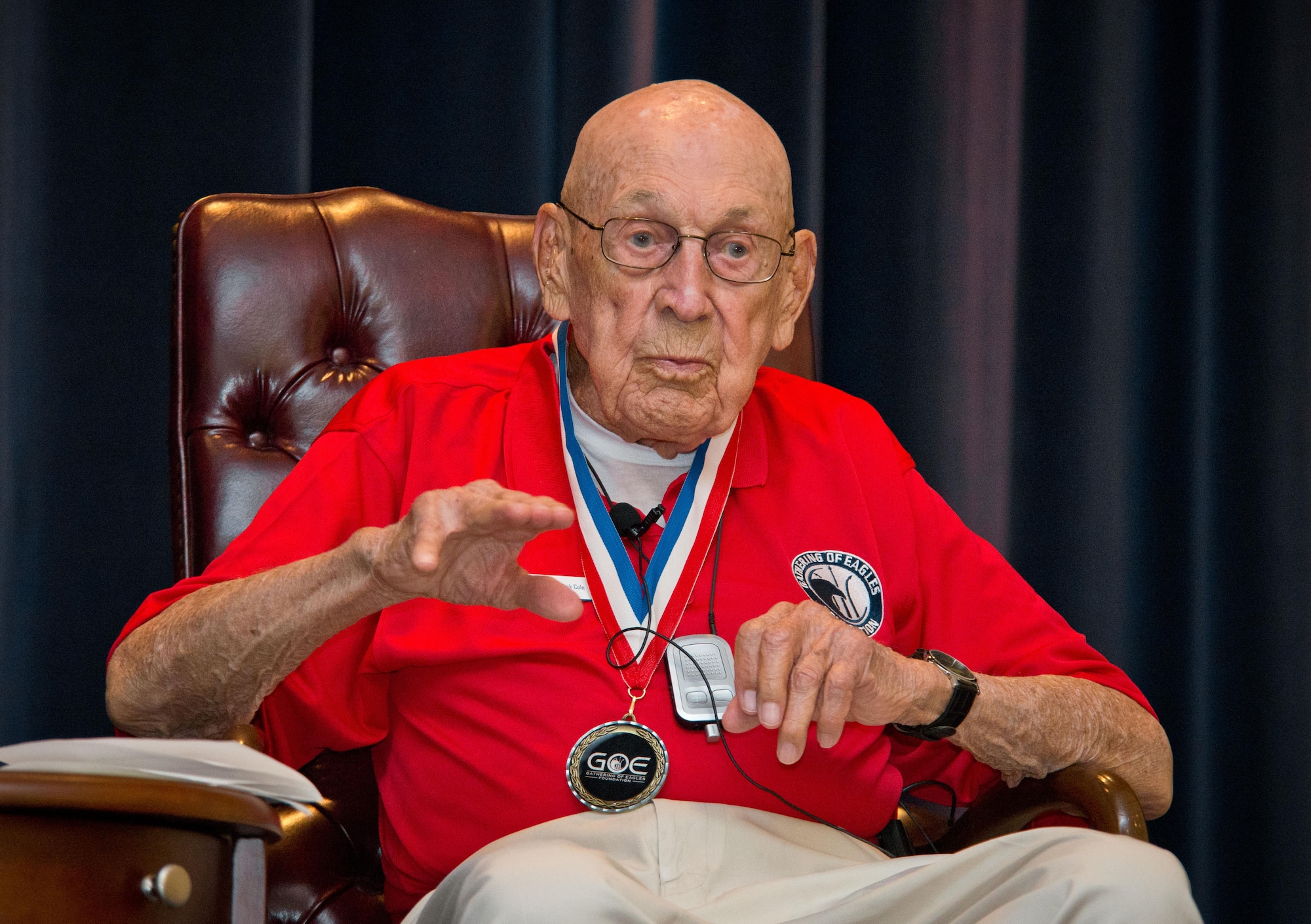 Retired United States Army Lt. Col. Richard Cole, 2016 Gathering of Eagles honoree, speaks of his time as Jimmy Doolittle’s copilot on the first bomber to launch from the USS Hornet after Pearl Harbor attacks, during the Air Command and Staff College’s 2016 Gathering of Eagles event, May 31, 2016, Maxwell Air Force Base, Ala. In 1943, he took part in Operation THURSDAY, the first Allied all-aerial invasion. (U.S. Air Force photo/ Donna Burnett)