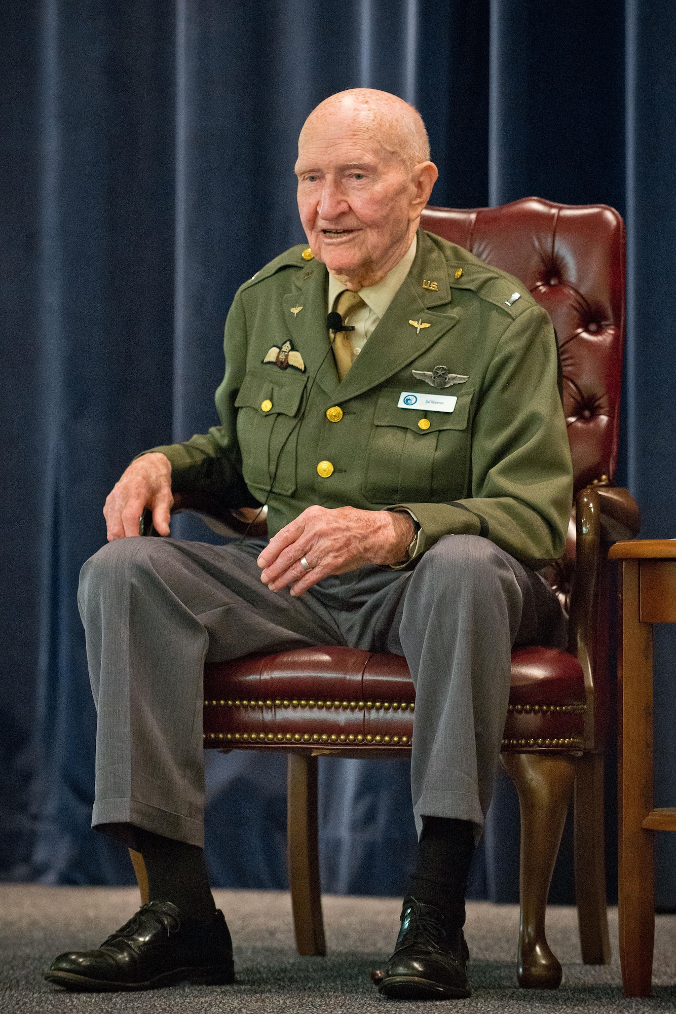 Retired Col. Gail S. Halvorsen, 2016 Gathering of Eagles honoree, discusses his experiences while serving during the Berlin Airlift, during the Air Command and Staff College’s 2016 Gathering of Eagles event, May 31, 2016, Maxwell Air Force Base, Alabama. Halvorsen is most famous as the Candy Bomber for dropping candy to the children of Berlin. (U.S. Air Force photo/ Donna Burnett)