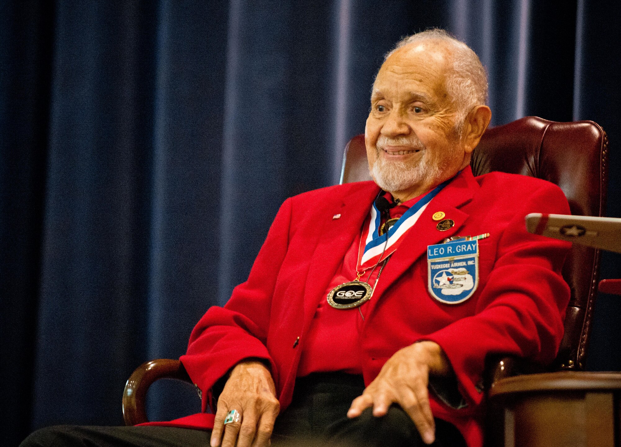Retired Lt. Col. Leo Gray, 2016 Gathering of Eagles honoree, shares his experiences as a pilot of the 332nd Fighter Group, the first all African-American flying unit, during the Air Command and Staff College’s 2016 Gathering of Eagles event, May 31, 2016, Maxwell Air Force Base, Ala.He completed 15 combat missions over German-occupied territory and logged in 750 flying hours.(U.S. Air Force photo/ Donna Burnett)