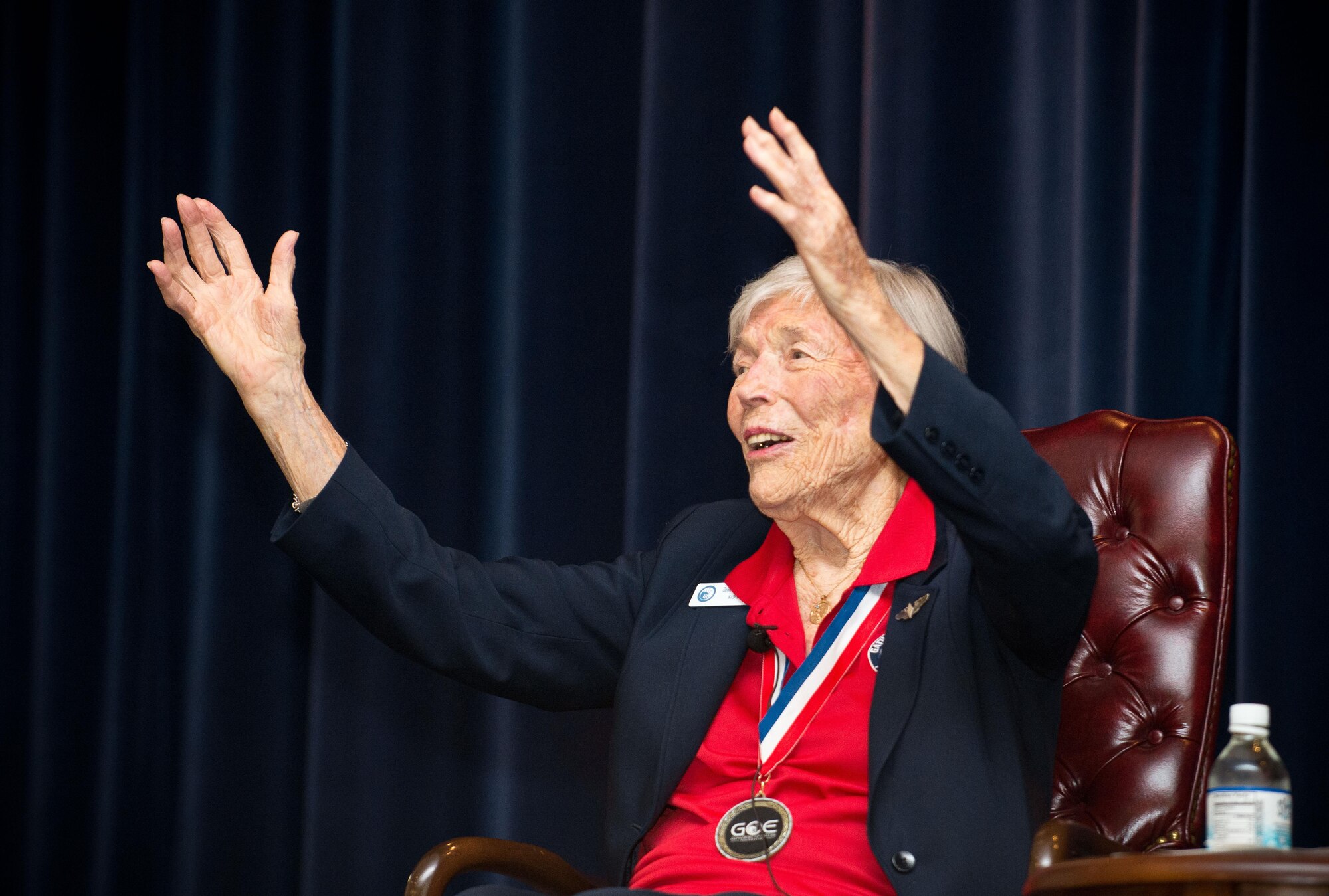 Dawn Seymour, 2016 Gathering of Eagles honoree, speaks about her time as a member of the Women Airforce Service Pilots (WASP), during the Air Command and Staff College’s 2016 Gathering of Eagles event, June 1, 2016, Maxwell Air Force Base, Ala. During her service in WASP, Seymour flew over 700 hours in the B-17 and trained gunners for the D-Day invasion and duty in the Pacific Theater. She was awarded the Congressional Gold Medal in 2010. (U.S. Air Force photo/ Donna Burnett)
