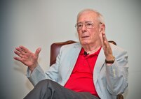 Retired General Charles B. Boyed, 2016 Gathering of Eagles honoree, shares what he underwent with Command and Staff College students as a prisoner of war at the Hanoi Hilton, during the ACSC’s 2016 Gathering of Eagles event, June 2, 2016, Maxwell Air Force Base, Ala. After receiving a direct hit from an enemy fire, he ejected over North Vietnam and was captured; he spent 2,488 days in captivity before he was released. Boyd is the only POW from the Vietnam conflict to achieve the rank of General. (U.S. Air Force photo/Donna Burnett)