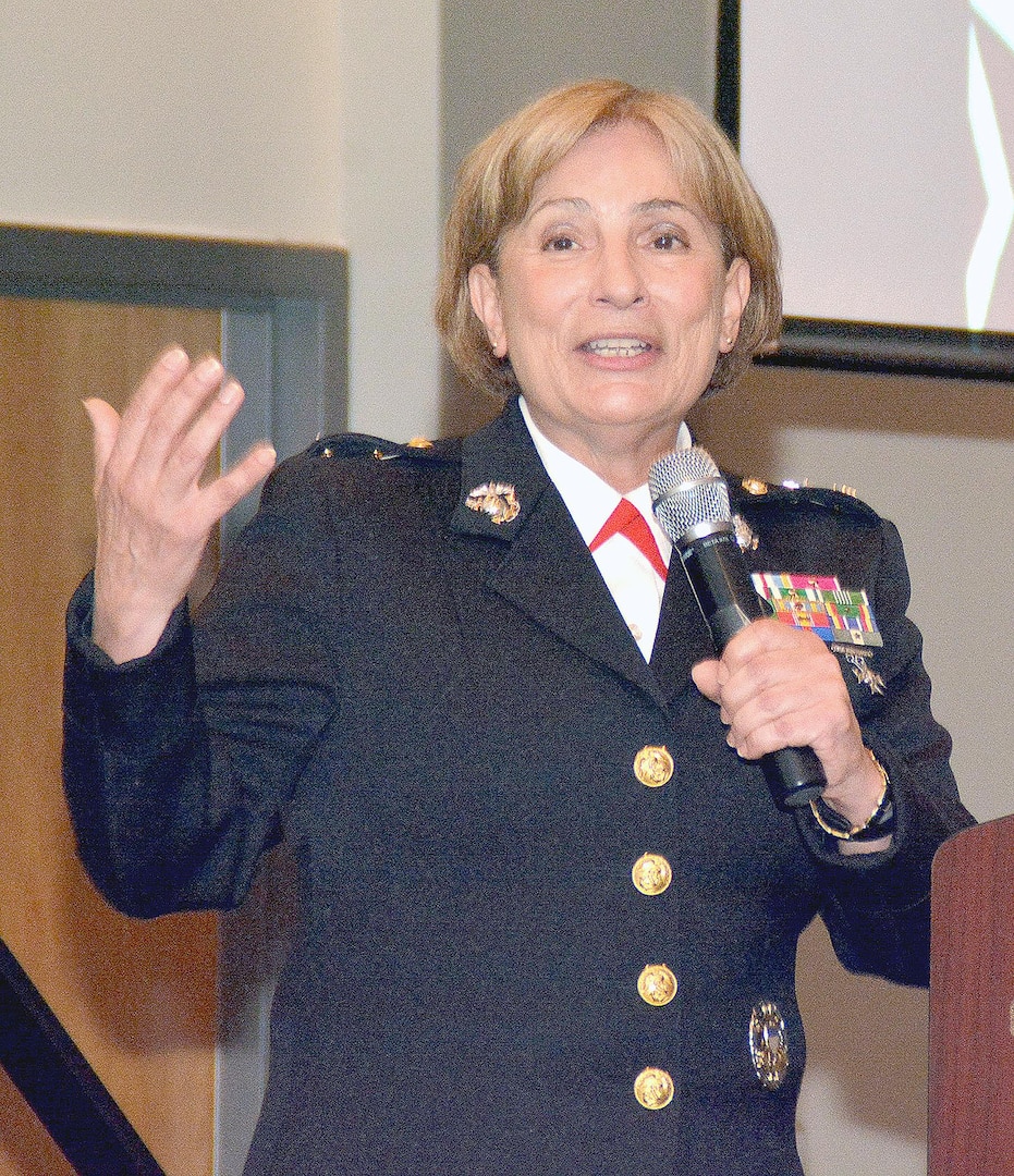 SAN ANTONIO – (May 18, 2016) Retired Marine Maj. Gen. Angela Salinas Kiser, chief executive officer, Girls Scouts of Southwest Texas, speaks to more than 700 future service members, their families, educators, business leaders, and the military during Our Community Salutes-San Antonio’s 5th Annual “A Night in Your Honor” held in the Rosenberg Sky Room at the University of the Incarnate Word. (Navy Photo by Burrell Parmer, Navy Recruiting District San Antonio Public Affairs/Released)