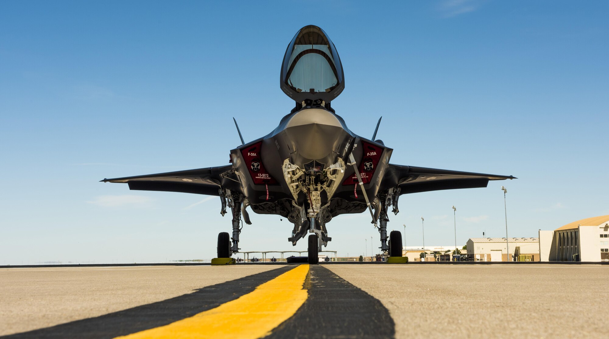 An F-35A rests on the flightline after arriving at Mountain Home Air Force Base, Idaho, June 3, 2016. While there, the F-35A will be testing three key mission sets: suppression and destruction of enemy air defense, air interdiction missions and basic close air support. (U.S. Air Force photo by Airman Alaysia Berry/Released)
