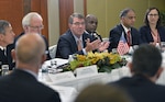 U.S. Secretary of Defense Ash Carter, foreground center, hosts a meeting with Australia Minister of Defense Kevin Andrews and Japan Minister of Defense Gen Nakatani at the Shangri-La Dialogue in Singapore, May 30, 2015. 