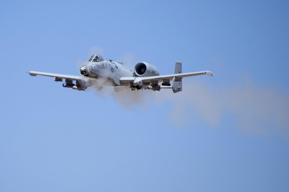 An A-10C Thunderbolt II assigned to the 47th Fighter Squadron performs a low-angle strafe during the 2016 Hawgsmoke competition at the Barry M. Goldwater Range, Ariz., June 2, 2016. Hawgsmoke is a biennial competition focused on tactics the A-10C can employ during combat operations. (U.S. Air Force photo by Airman 1st Class Mya M. Crosby/Released)