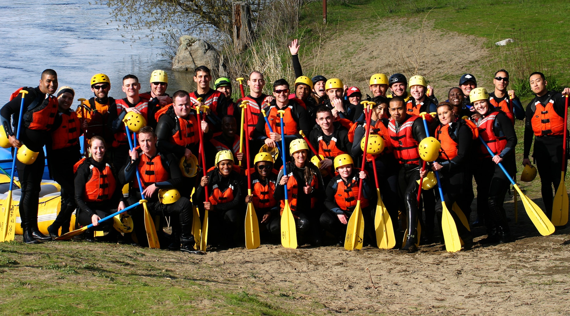 Fairchild Airmen pose together after a Base Chapel resilience trip for a group photo after having rafted the Spokane River April 16, 2016, Spokane Wash. The Chapel’s resilience trips are open to all Airmen regardless of religious background. (Courtesy Photo)