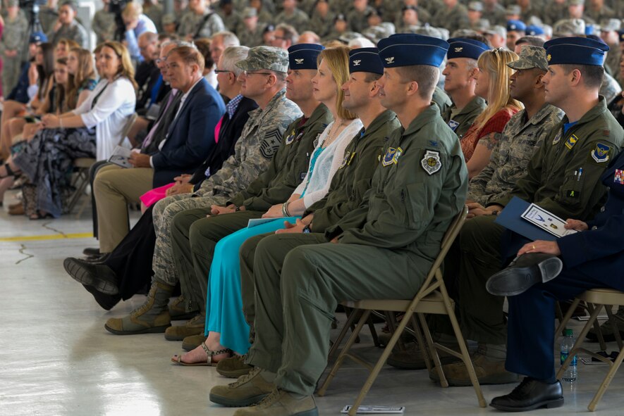 Wing Commanders from various Air Force Global Strike Command bases look on as the 5th Bomb Wing change of command took place at Minot Air Force Base, N.D., June 3, 2016. Col. Matthew Brooks replaced Col. Jason Armagost as the 54th commander of Minot AFB. (U.S. Air Force photo/Airman 1st Class Jessica Weissman)
