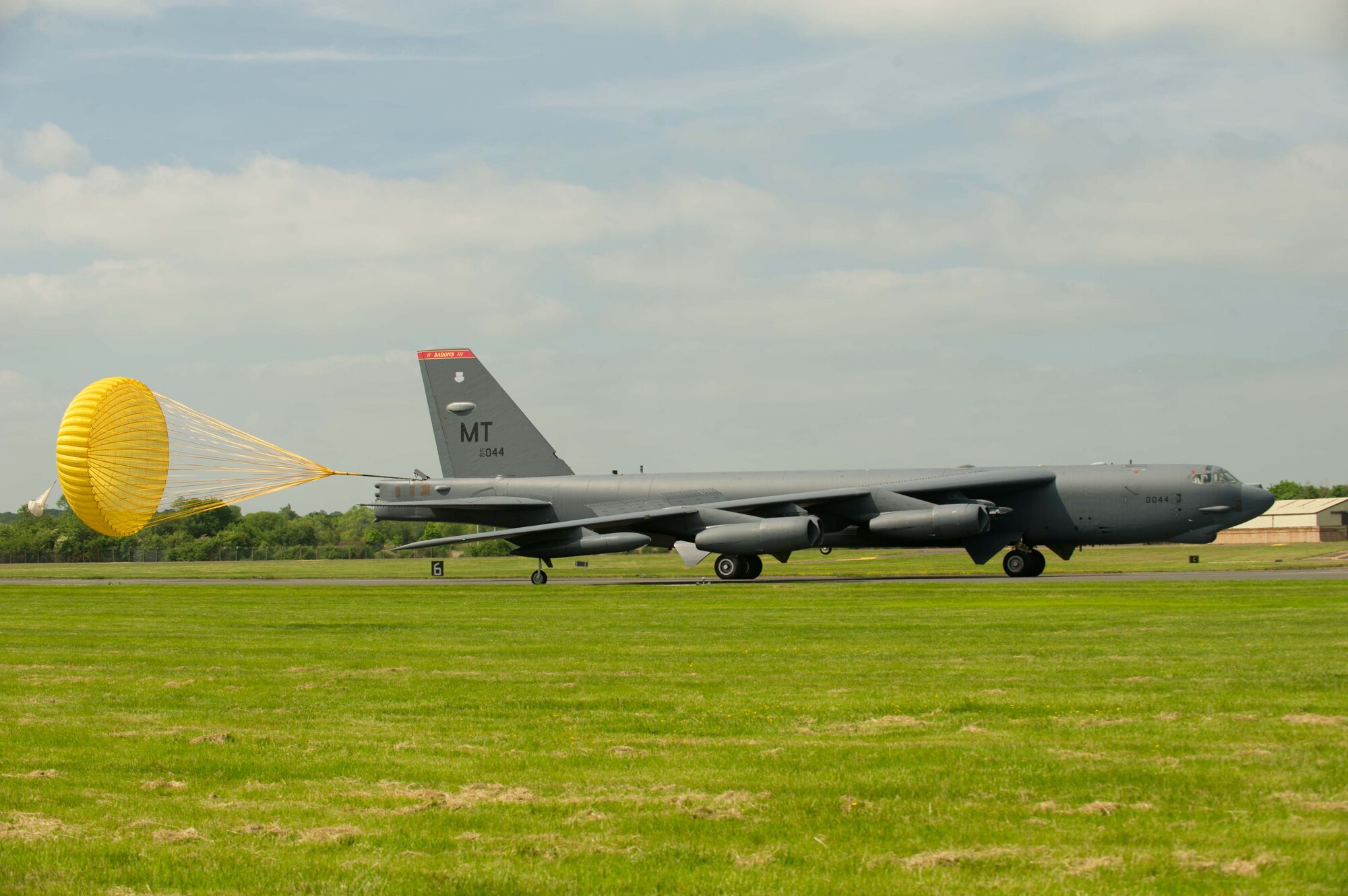 A B-52H Stratofortress from Minot Air Force Base, N.D., taxis down the runway at Royal Air Force Fairford, United Kingdom, in support of exercises Saber Strike 16 and BALTOPS 16, June 2, 2016. The B-52 is capable of carrying up to approximately 70,000 lbs. of munitions. These include gravity bombs, cluster bombs, precision guided missiles and joint direct attack munitions. (U.S. Air Force photo/Senior Airman Sahara L. Fales)

