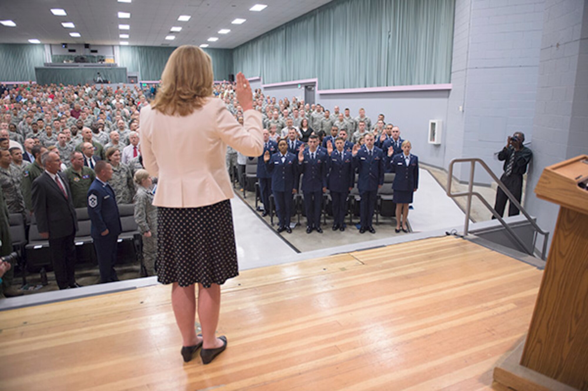 Secretary of the Air Force Deborah Lee James administers the oath of enlistment to Edwards Airmen during her visit to Edwards Tuesday and Wednesday.