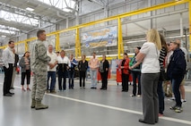 During the Team Hill spouses’ tour held May 25 at Hill Air Force Base, Utah, Brig. Gen. Steven J. Bleymaier, Ogden Air Logistics Complex commander, takes a few moments to thank a small group of spouses for the role that they play in providing support to our military. The tour gave spouses the opportunity to see and understand the importance of depot maintenance in support of the warfighter.  (U.S. Air Force Photo by Alex R. Lloyd)