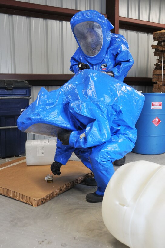 Tech. Sgt. Lee Dresch tests a sample of a simulated hazardous material spill during a Hazardous Waste Operations and Emergency Response (HAZWOPER) class at the 120th Airlift Wing in Great Falls Mont. May 20, 2016. The 120th AW offers an annual 40 hour course and an 8 hour refresher course annually. (U.S. Air National Guard photo/Senior Master Sgt. Eric Peterson)  