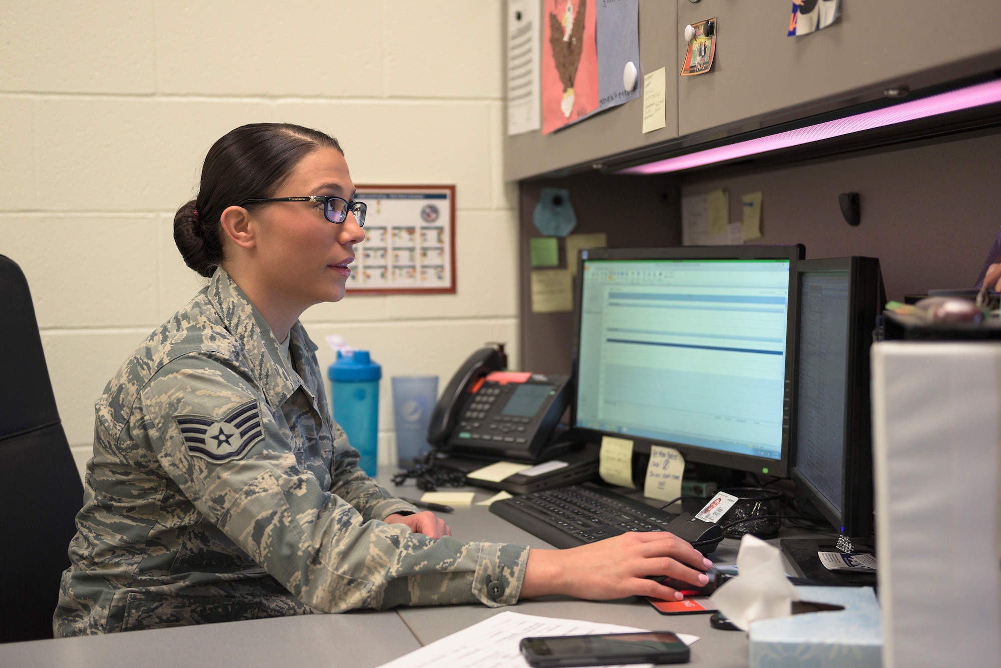 U.S. Air Force Staff Sgt. Rachael L. Blasko, an enlisted accessions recruiter with the 182nd Force Support Squadron, Illinois Air National Guard, reviews at her enlistment appointments at the 182nd Airlift Wing, Peoria, Ill., May 12, 2016. Blasko is the unit’s newest recruiter and has been serving in that role for two years. (U.S. Air National Guard photo by Staff Sgt. Lealan Buehrer)