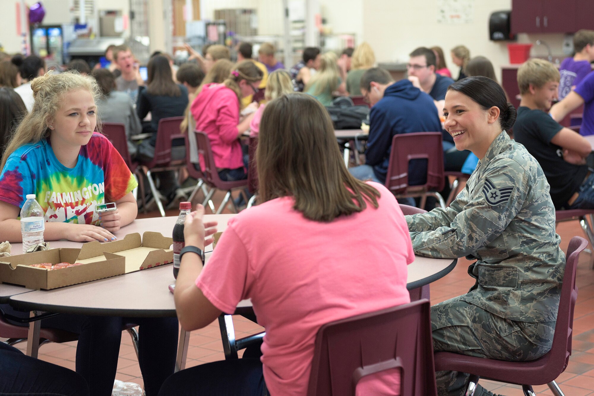 U.S. Air Force Staff Sgt. Rachael L. Blasko, an enlisted accessions recruiter with the 182nd Force Support Squadron, Illinois Air National Guard, visits students while recruiting at Farmington Central High School in Farmington, Ill., May 11, 2016. Blasko is the unit’s newest recruiter and has been serving in that role for two years. (U.S. Air National Guard photo by Staff Sgt. Lealan Buehrer)