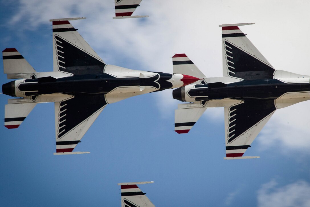 The U.S. Air Force Thunderbirds perform an aerial demonstration during the Cannon Air Show at Cannon Air Force Base, N.M., May 28, 2016. The air show highlights the unique capabilities and qualities of Cannon’s air commandos, and also celebrates the long-standing relationship between the 27th Special Operations Wing and the local community. Air Force photo by Tech. Sgt. Manuel J. Martinez