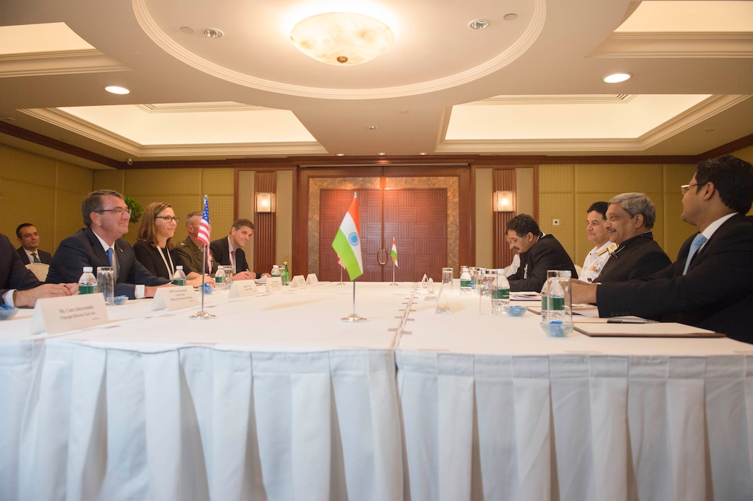 Defense Secretary Ash Carter holds a bilateral meeting with Indian Defense Minister Manohar Parrikar in Singapore, June 4, 2016. DoD photo by Navy Petty Officer 1st Class Tim D. Godbee