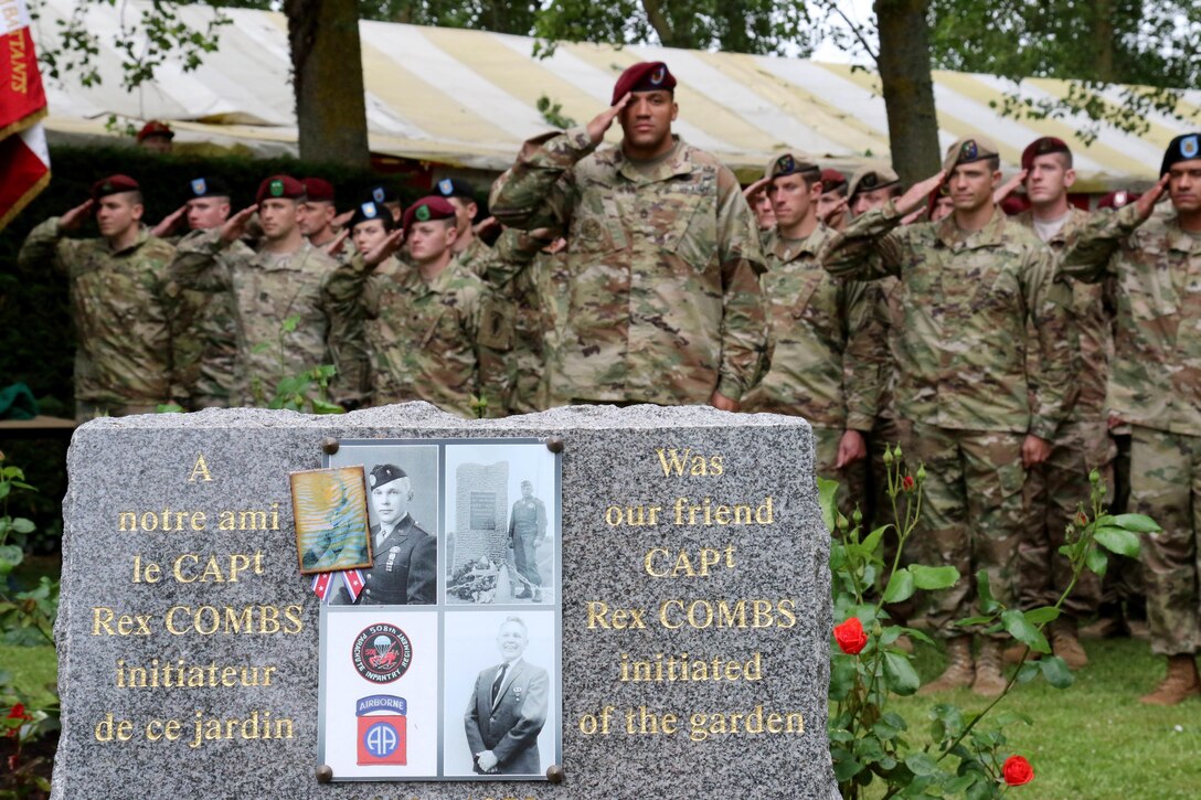 Members of the 82nd Airborne Division, German soldiers and the mayor of Chef Du-Pont, France participated in a ceremony in honor of Capt. Rex Combs, a 1st Battalion, 508th Parachute Infantry Regiment Paratrooper during D-Day. Army photo by Capt. Joe Bush