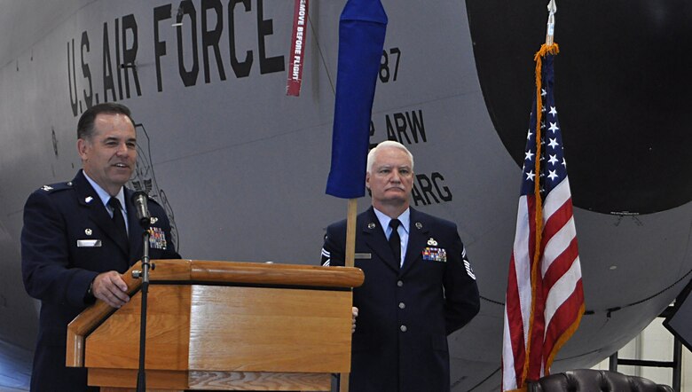 Col. Mark S. Larson, 931 Air Refueling Wing commander, speaks to Team McConnell members, during an activation and assumption of command ceremony June 4, 2016, in Hangar 1107 at McConnell Air Force Base, Kansas. Larson commended the unit for its prior performance and encouraged further Total Force Integration. (U.S. Air Force photo by Senior Airman Preston Webb)
