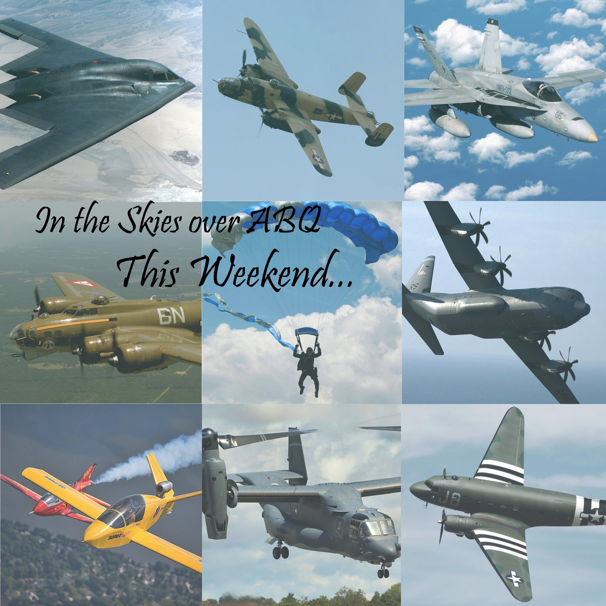 The 2016 Kirtland Air Show will feature 18 aerial and ground performers, including (but not limited to) the FA-18 Hornet Demo Team, the 58 SOW Special Operations Capabilities Exercise, the B-2 Stealth Bomber, Billy Werth, Melissa Pemberton, Bob Carlton, and Man vs. Jumbo Jet Mark Kirsch!