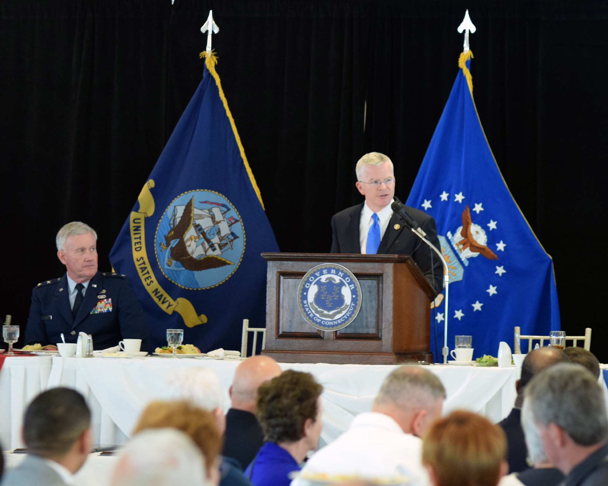 Sean Connolly, Commissioner of the Connecticut Department of Veterans Affairs, addresses a crowd of more than 900 guests at the 67th Connecticut Armed Forces Day luncheon at the Aqua Turf Club in Southington, Conn., May 20. Connolly thanked the Veterans in attendance and also highlighted the CT VA mission to enhance the lives of Connecticut’s Veterans. (Photo by Staff Sgt. Benjamin Simon, JFHQ Public Affairs, CTARNG)