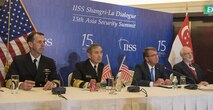 160604-N-OU129-189 SINGAPORE (June 4, 2016) Chief of Naval Operations Admiral John Richardson, Commander, United States Pacific Command Admiral Harry Harris, Secretary of Defense Ash Carter, and Assistant Secretary of Defense for Asian and Pacific Security Affairs David Shears field questions during a press briefing at the International Institute for Strategic Studies (IISS) Shangri-La Dialogue June 4th, 2016. The 15th annual IISS Shangri-La Dialogue is the key forum for the discussion and analysis of defense and security concerns between defense ministers, military chiefs, leading defense and security experts, and representatives of the private sector from the Asia-Pacific, North America, Europe and other regions. (U.S. Navy Photo by Mass Communication Specialist 3rd Class Joshua Fulton/Released)