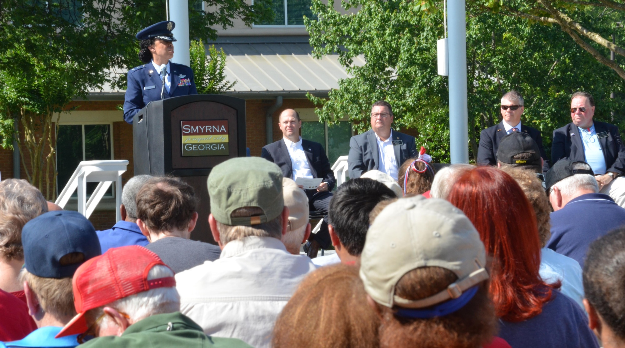 Maj. Gen. Stayce Harris, 22nd Air Force commander, spoke to a large crowd of observers during a Memorial Day Ceremony held in Smyrna, Ga., May 30, 2016. During the ceremony, Harris elaborated that the nation recognizes the loss of life from war and that those who perished fill the burial grounds in towns and cities all across the country and abroad. (U.S. Air Force photo/Tech. Sgt. Kelly Goonan)