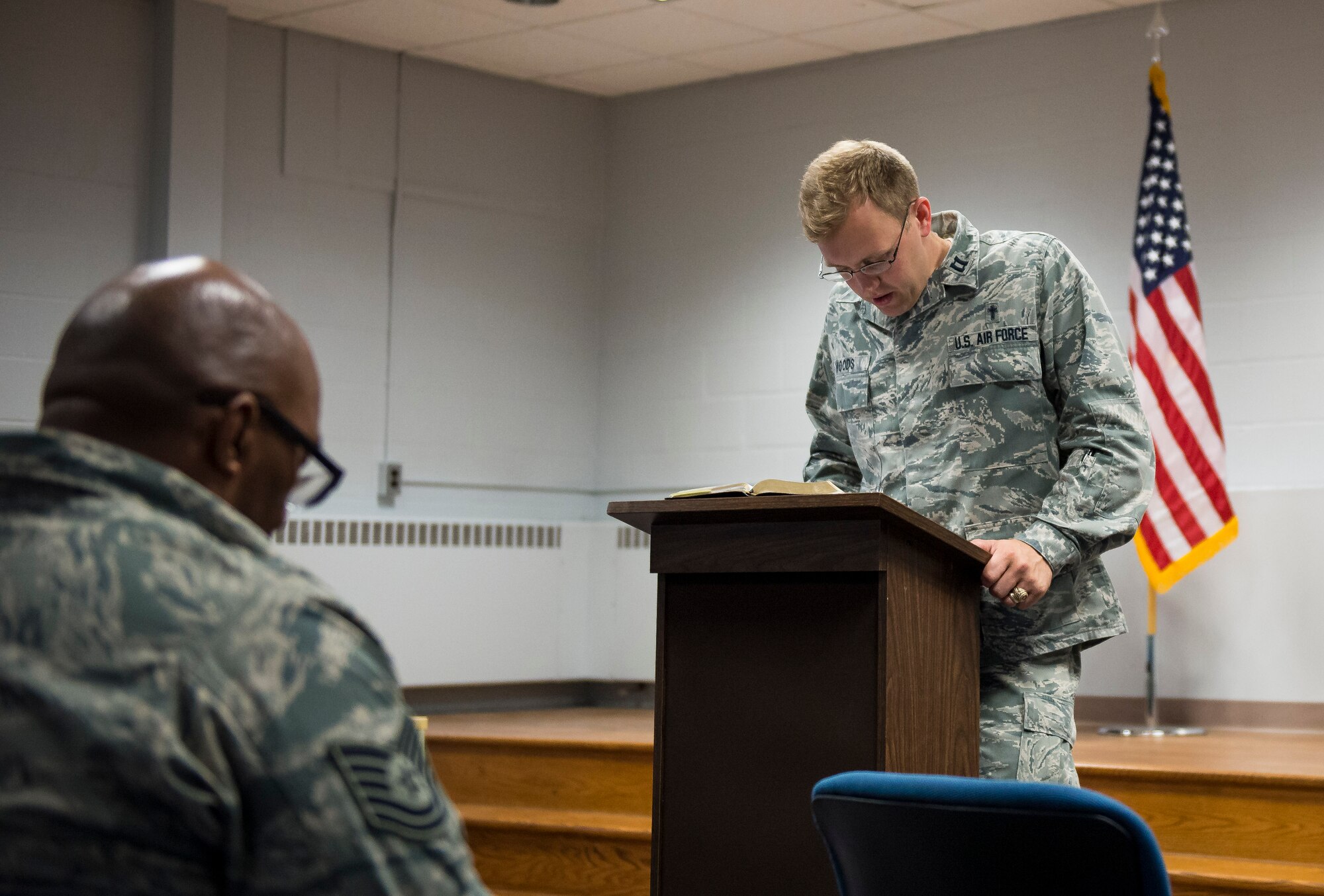 Captain Justin Woods, chaplain for the 459th Air Refueling Wing, delivers a sermon during the Protestant service June 5 on Joint Base Andrews, Maryland. The 459th ARW chaplain team won the 2015 Air Force Reserve Command Outstanding Chaplain Corps Program team award for its work throughout the year. (U.S. Air Force/SSgt Scott Pauley)