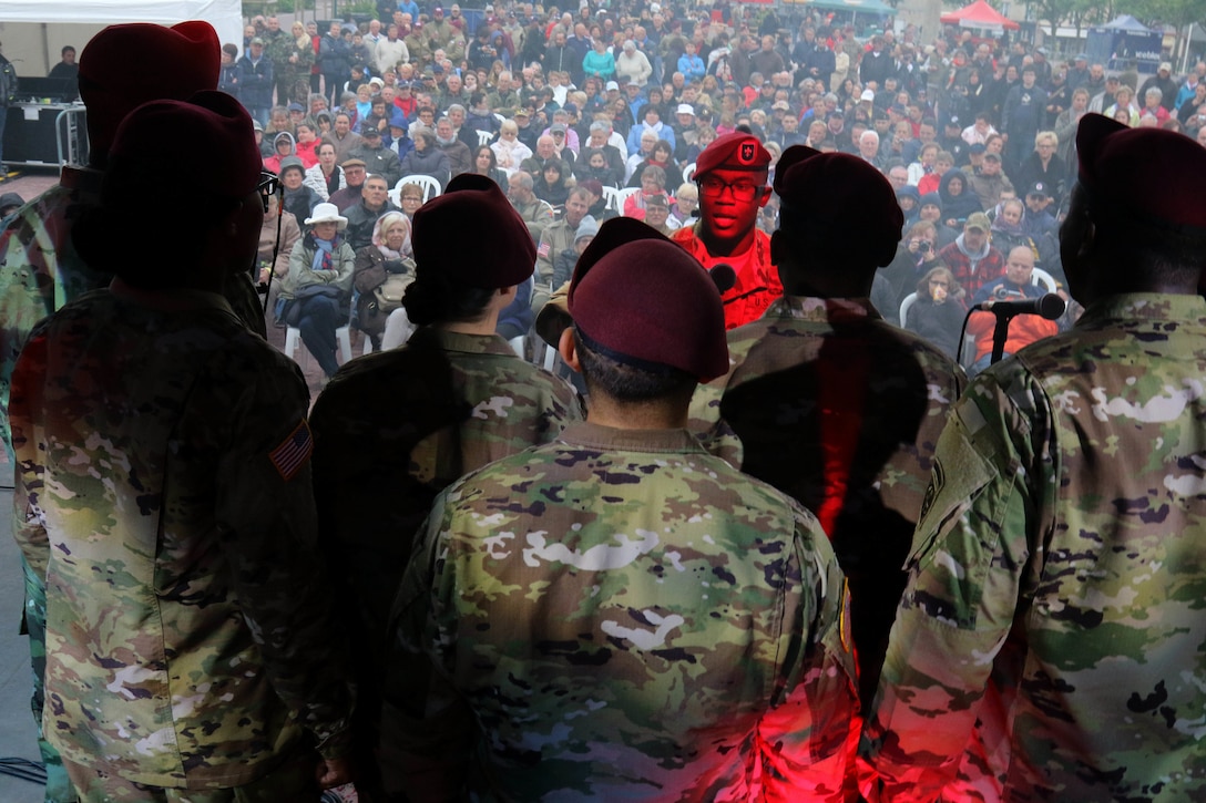 The 82nd Airborne Division Band performs a free concert for the people in Sainte Mere Eglise, France, on June 3, 2016, in honor of the 72nd anniversary of D-day. Joint Task Force D-Day 72, based in Saint Mere Eglise, France, is supporting local events across Normandy to commemorate the selfless actions by the allies on D-Day. Army photo by Capt. Joe Bush 