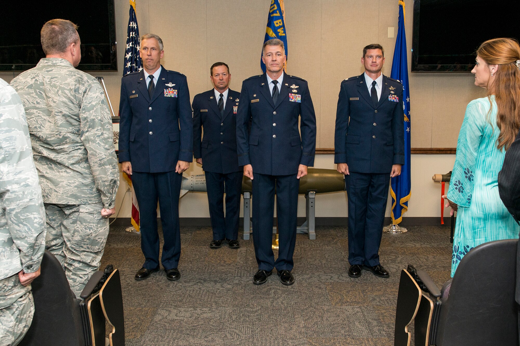 U.S. Air Force Col. Robert VanHoy relinquishes command of the 93rd Bomb Squadron to Lt. Col. Brent Weisner during a ceremony at Barksdale Air Force Base, La on June 3, 2016. Weisner is a command pilot with more than 3,700 flight hours including 472 combat hours in the B-52 Stratofortress. (U.S. Air Force photo by Master Sgt. Greg Steele/Released)
