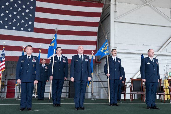 Col. Craig Peters (far left front), Col. Richard Heaslip (front center), and Col. Col. Aaron Heick (front right), prepare to assume command of the 940th Air Refueling Wing, 940th Operations Group, and 940th Maintenance Group respectively in an official Assumption of Command ceremony held June 4, 2016 at Beale Air Force Base, California. (U.S. Air Force photo by Staff Sgt. Brenda Davis/released)