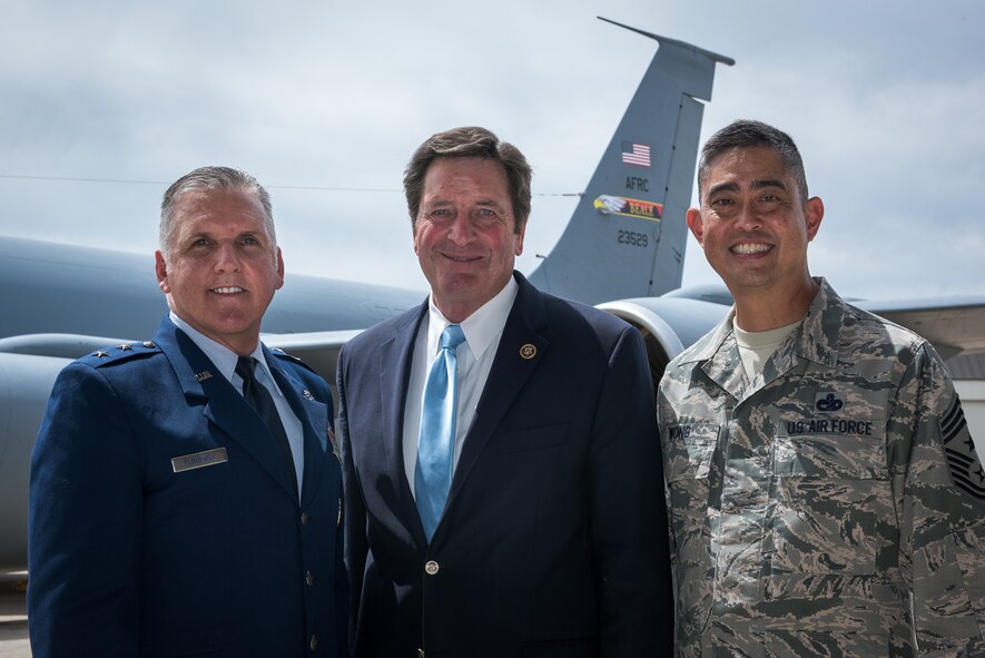 Maj. Gen. John Flournoy, Jr., 4th Air Force commander, Rep. John Garamendi of the 3rd Congressional District, and Chief Master Sgt. Brian Wong, 4th Air Force command chief, pose for a picture in front of the 940th Air Refueling Wing’s first KC-135 Stratotanker after an official ceremony, June 4, 2016, at Beale Air Force Base, California. (U.S. Air Force photo by Staff Sgt. Brenda Davis/released)